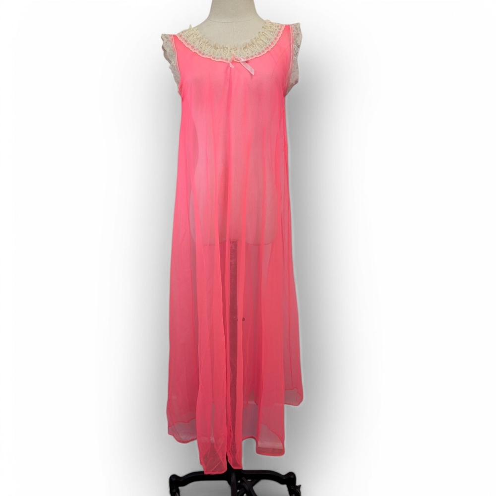 Vintage Mid-century Neon Pink Sheer Nylon Long Nightgown Babydoll